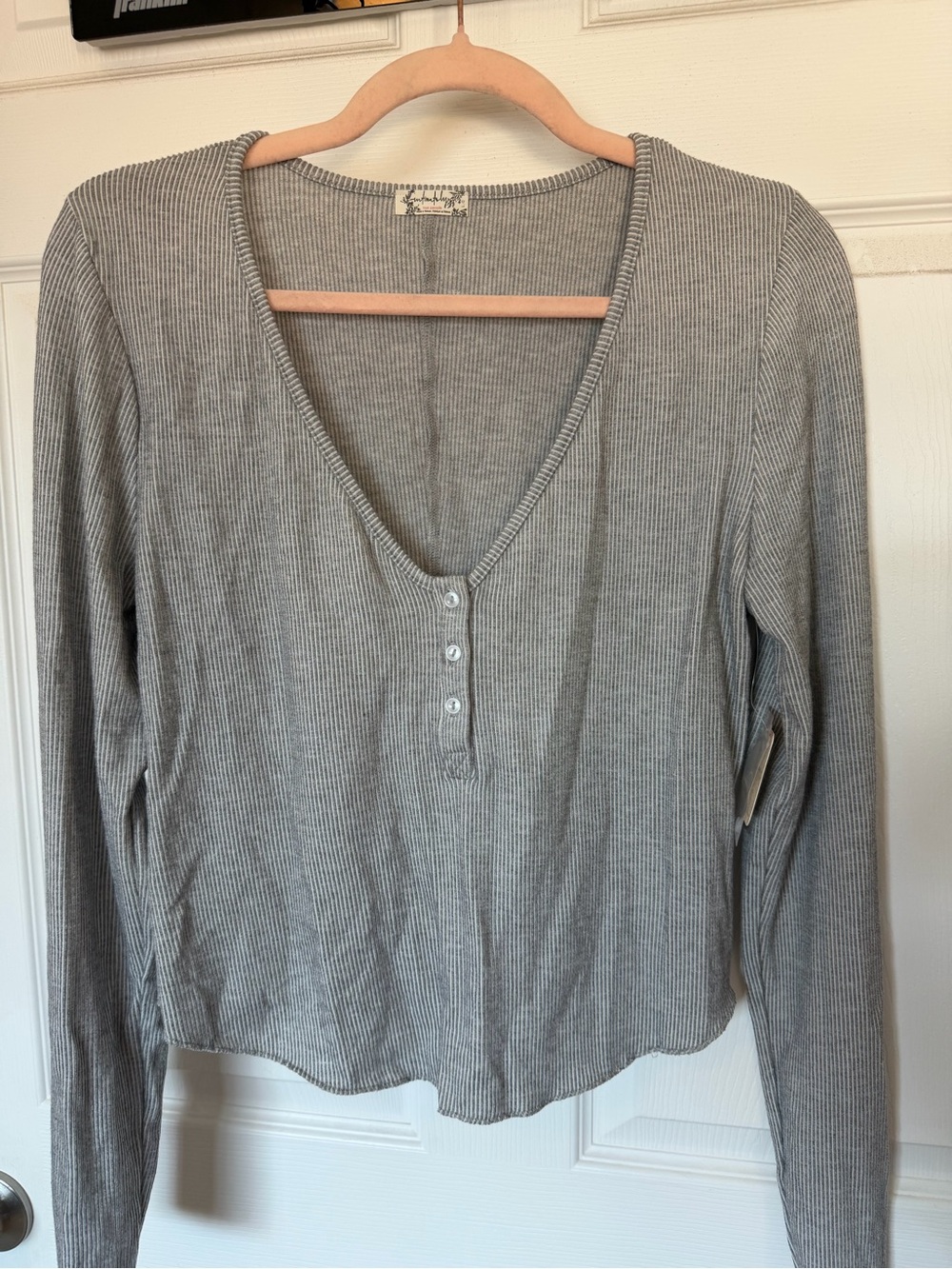 Free People Ribbed V-Neck Long Sleeve Top in Gray